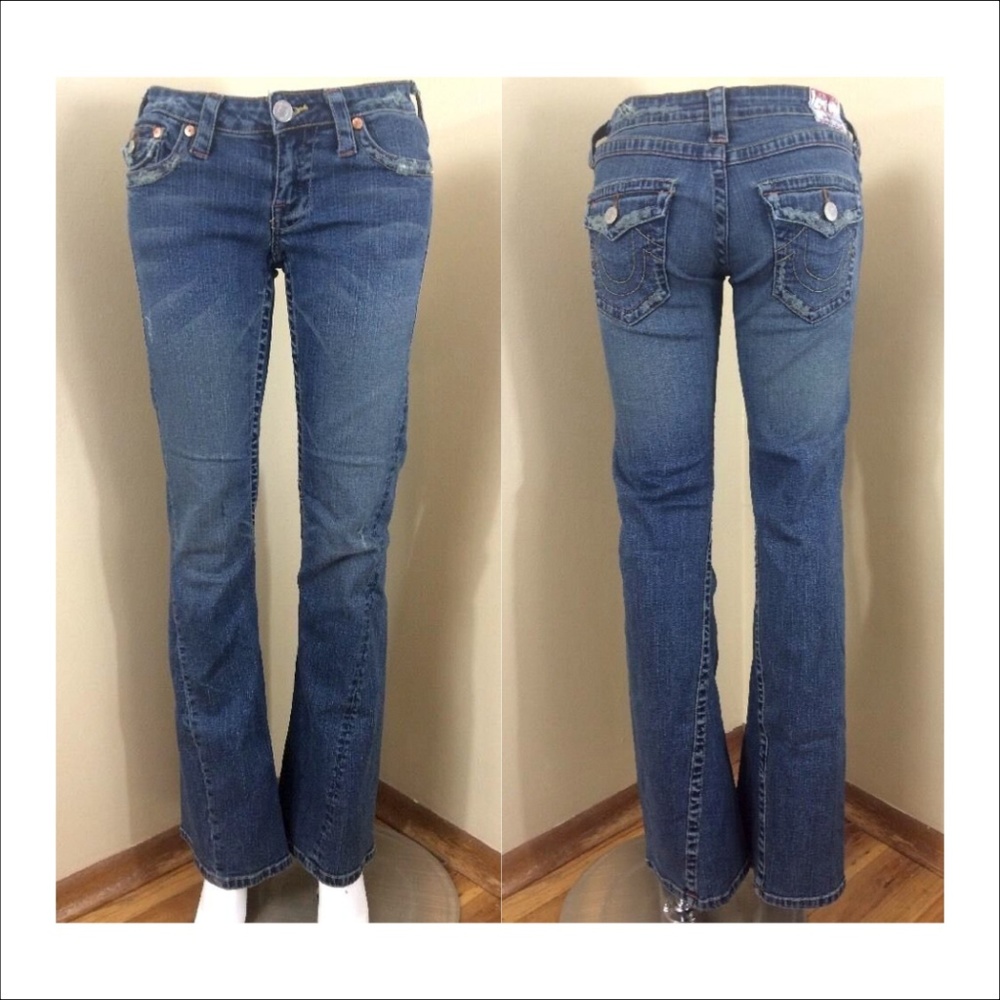 Vintage new True Religion Bridget stone & tint distressed frayed bootleg denim